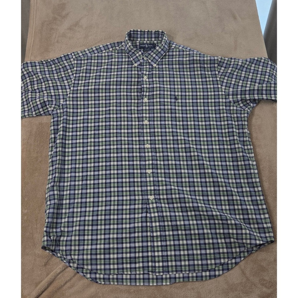 Vintage Polo Ralph Lauren Blake Polo Shirt Men 2XL Blue Plaid Pleated S/S EUC